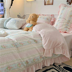 YICKYUE - Winter Bedding Set Cotton and Velvet Warm Four-piece Set Retro Floral Quilt Cover Bed Sheet Pillowcase Bedroom Double Bedding