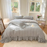 Yickyue 100%Cotton Bedding Set Striped Jacquard Lace Ruffles Bed Linen Sets Queen/King Cotton Bed Sheet Set with Ruffles Duvet Cover