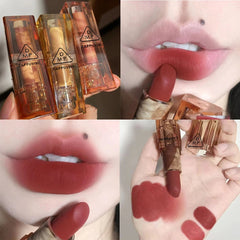 Yickyue Matte Lipstick Amber Transparent Square Tube Lipstick Waterproof Lip Gloss Long Lasting Non-Stick Cup Lip Tint Korean Cosmetics