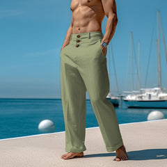 Hearujoy Cotton Linen Casual Pants For Men Solid color Buttoned Loose Comfort Ventilate Long Trousers Spring Summer Beach Pant Streetwear