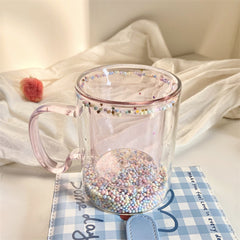 YICKYUE - Japanese-Korean Style Girl's Heart Bubble Star Empty Cup Handle Ins Sequins Double-layer Glass Simple Household Coffee Milk Cup