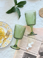 Japanese Style Glass Fresh Leaf Embossed Goblet Vintage Beautiful Retro Green Red Wine Glass Drink Champagne Glass