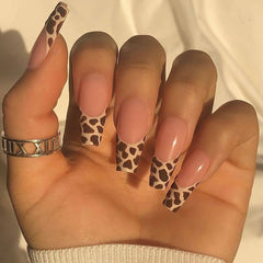 24pcs Leopard Printed Nails Patch Glue Type Long Paragraph Removable Fashion Manicure False Nails Patch TY