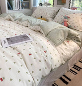 YICKYUE - Fashion kawaii green heart cherry bedding set,twin full queen king lovely cotton home textile bed sheet pillow case quilt cover