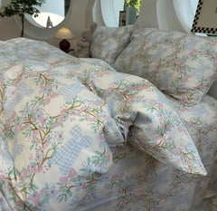 YICKYUE - Cute fresh flower blue bow bedding set 1.2 1.5 1.8 2.0,twin full queen king cotton home textile bed sheet pillowcase quilt cover