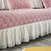 Yickyue Pink Plush Sectional Sofa Covers with Lace Winter Warm Slipcover Anti Slip Couch Cover for L/U Shape Sofa Protector Home Decor