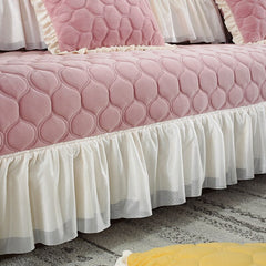 Yickyue Pink Plush Sectional Sofa Covers with Lace Winter Warm Slipcover Anti Slip Couch Cover for L/U Shape Sofa Protector Home Decor