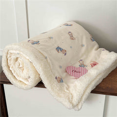 YICKYUE - Soft Winter Blanket Floral Double-layer Yarn Cotton Velvet Blanket Kawaii Portable Camping Warm Coral Home Office Nap Blanket
