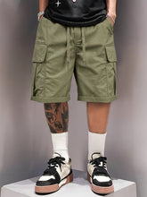 Hearujoy Men'S Drawstring Cargo Shorts, Lightweight Large Flap Pockets, Loose Fit Fashion Shorts, Men'S Outdoor Workwear, Polyester Fabric, Casual Style, Solid Color, Regular Fit, Non-Waterproof, Casual Wear
