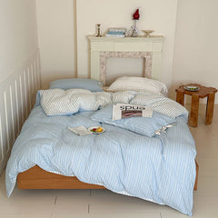 YICKYUE - INS Korean Minimalist Stripe Cotton Bedding Set – Nordic Style with Bow Tie Detail | 4 Pieces