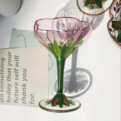 YICKYUE - Austrian Medieval Champagne Cup Crystal Glass Red Wine Cup Pink Hand-painted Ice Cream Bowl Vintage Flower Goblet