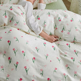 YICKYUE - Double Yarn 4Pcs French Pastoral Cotton Bedding Sheets Duvet Cover Pink Tulip Flower Comforter Bedding Set Bed Linen 2 Bedrooms