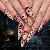 YICKYUE - 24Pcs Halloween bloody face Press on Nail Long Nude Color Crescent Moon Wearable Nail for Women and Girl Finished Nail Art
