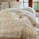 YICKYUE - Beige Romantic Sweet Lace Ruffles Duvet Covers Bed Sheet Pillowcases 1000TC Egyptian Cotton Brushed Princess Wedding Bedding Set