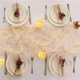 YICKYUE 10 Pcs Sheer Table Runner Tulle Cheesecloth Sequin Glitter Metallic Gold Party Table Decorations for Wedding Birthday Baby Showe