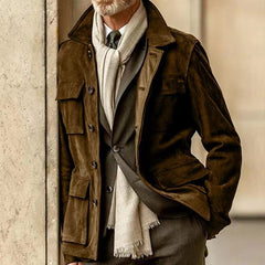 Hearujoy Cowhide Suede Jacket For Men Autumn Winter Turndown Collar Multi-pocket Windbreaker American Vintage Casual Coat Streetwear