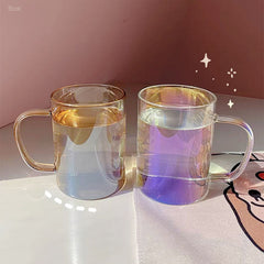 Ins Laser Glass Cup Heat Resistant Coffee Mug Cute Transparent Colorful Drinking Cups For Girl Creative Tea Juice Milk Glass Cup