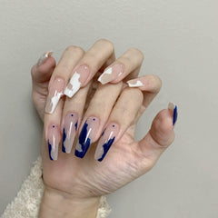 24 Pcs French Ballet White Line False Nails Fashion Geometric Coffin Press On Nails Flame Rose Pattern Nail Art Manicure Tools