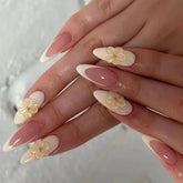 YICKYUE - 24pcs White Almond False Nails French 3D Flower Design Nails Fake Press on Acyrlic Nails Wearable Ballerina Full Over Nail Tips