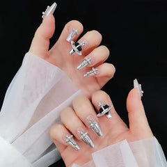 Saturn Design Glitter Short False Nails Tips Handmade French Style Press On Nails Y2K Coffin Ballet Acrylic Fake Nail With Glue