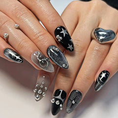YICKYUE - Purple Halo Dying Silver Flame Design Almond Shape Fake Art Nail Detachable Finished False Nail Tip Press on Nail Glue Manicure