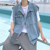 YICKYUE - Blue Denim Vest Men's Fashion Vintage Pocket Vest Men Japanese Streetwear Hip-hop Loose Sleeveless Jackets Mens Denim Jacket