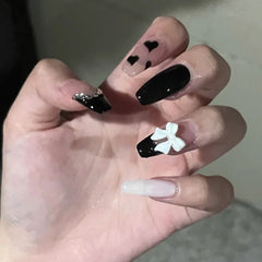 24PCS Glitter Nails Set Press On With Adhesive Strips Korean Cute Black Heart Design Fake Nails Full Coverage Nails for girls