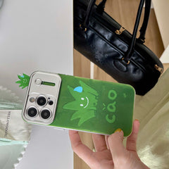 YICKYUE - Green Cartoon Grass Shell For Iphone 13 14Pro 14 15 12 Pro Max 15Pro Beautiful Chinese Language Funny 3D Plating Phone Case