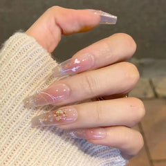 YICKYUE - 24Pcs Yellow French Fake Nails Long Coffin False Nails with Rhinestones Detachable Ballerina Full Cover Nail Tips Press on Nails