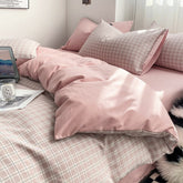 Yickyue Bedding Set Washed Cotton Yarn-dyed Plaid Unprinted Style Four-piece Set Solid Color Double-matching Brushed Quilt Cover Linens