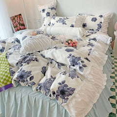 Yickyue Korean Ins Rose Pastoral Lace Quilt Cover Washed Cotton Princess Bedding Sets Bed Skirt Ruffles Pillowcase Woman Duvet Cover