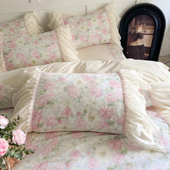 YICKYUE - Rose Flowers Printing Bedding Set Korean Style Luxury Princess Lace Duvet Cover Bed Skirt Pillowcases 100% Cotton Home Textile