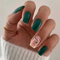 YICKYUE - Sexy Dark Green Black Leopard Print Long Square Fake Nail Art Glossy Detachable Finished False Nail Tip Press on Nail with Glue