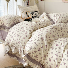 YICKYUE - French Small Floral Printed Bedding Set, Double Layer Lace Ruffles, 100% Cotton, Duvet Cover Set, Bed Linen, Pillowcases