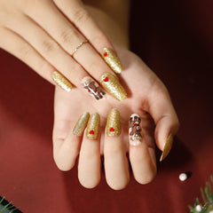 Almond Flesh Color Cartoon Fake Nails Women Christmas Party Hand Decorate Star Heart Deer Press on False Nails Z1349