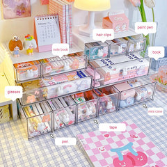 Cute Desk Organizer Drawer With Sticker Kawaii Plastic Office Table Organizer Stationery Storage Box Container For Home School