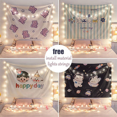 Tapestry Anime with Lights Ins Anime Lights Background Cloth Props Wall Hanging Decor Tapestry Psychedelic Wall Tapestry
