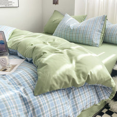 Yickyue Bedding Set Washed Cotton Yarn-dyed Plaid Unprinted Style Four-piece Set Solid Color Double-matching Brushed Quilt Cover Linens