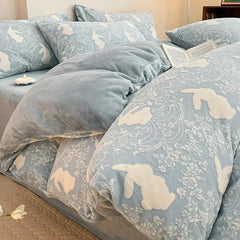 YICKYUE - Milk Coral Fleece Bedding Set of Four Pieces with Double Face Flannel Quilt Cover Bedding and Suede Sheet Fitted Sheet