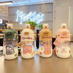 Cute Bear Water Bottle With Straw Sticker For Girls Kids Kawaii Plastic Milk Cartoon Juice Portable Drinking Cup BPA Free 500ml