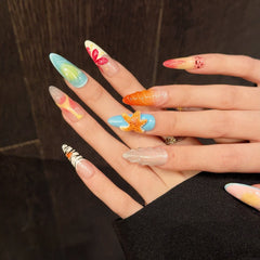 YICKYUE - 10pcs Handmade Designer's New 3D Starfish Fake Nail Gloss Relief Press on Nails French Long Fake Nail Wearable Press On Nail