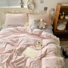 YICKYUE - Korean Princess Style Washed Cotton Soft Bedding Set Pink Blue Black Green Lattice Lace Ruffles Duvet Cover Set With Pillowcases