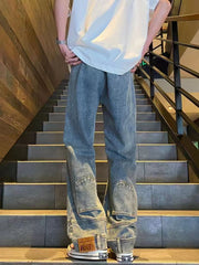 Hearujoy Backwards Wear Mens High Street Vibe Jeans Clean Fit Loose Straight Denim Pants Spring Summer Design Sense Trousers Unisex