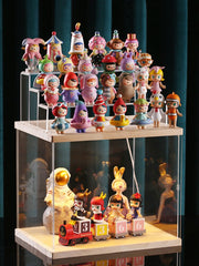 LED Light Wooden Material Blind Box Dolls Display Cabinet Acrylic Desktop Storage Box Toy Dust Organizer for Collectible Figures