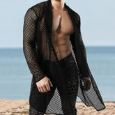 Hearujoy Sexy Hollow Out Loose Cardigan Shawl Mens Spring Summer Long Sleeve Beach Shirts Mesh Perspective Long Coat Cloak Streetwear