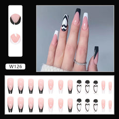 Yickyue 24Pcs/Box Long Coffin Wearable Ballerina Fake Nails Black And White Love Full Cover Nail Tips Set Press On Nails With Designs