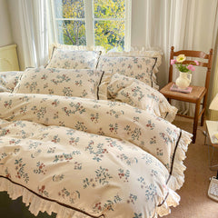 Yickyue Floral Print Pure Cotton Home Bedding Set Lace Edge Duvet Cover Set With Flat Sheet Vintage Rose Comforter Covers Pillowcases