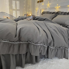 Dark Gray 3/4Pcs Mermaid Long Ruffles Duvet Cover Brushed Microfiber Shabby Chic Farmhouse Comforter Cover Bedskirt 2Pillowcases