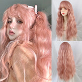 YICKYUE - Synthetic Long Wavy Curly Pink Wig with Bangs Lolita Cosplay Women Fluffy Hair Heat Resistant Wig for Daily Party