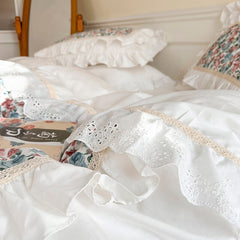 Yickyue Luxury Flowers Print Bedding Sets Korean Style White Princess Lace Ruffles Bedroom Duvet Cover Bed Skirt Linen Pillowcases